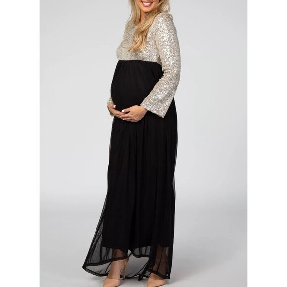 PinkBlush Maternity Dress Gold Sequin Bodice Tulle Long Sleeve Maxi Gown Small - Picture 2 of 13